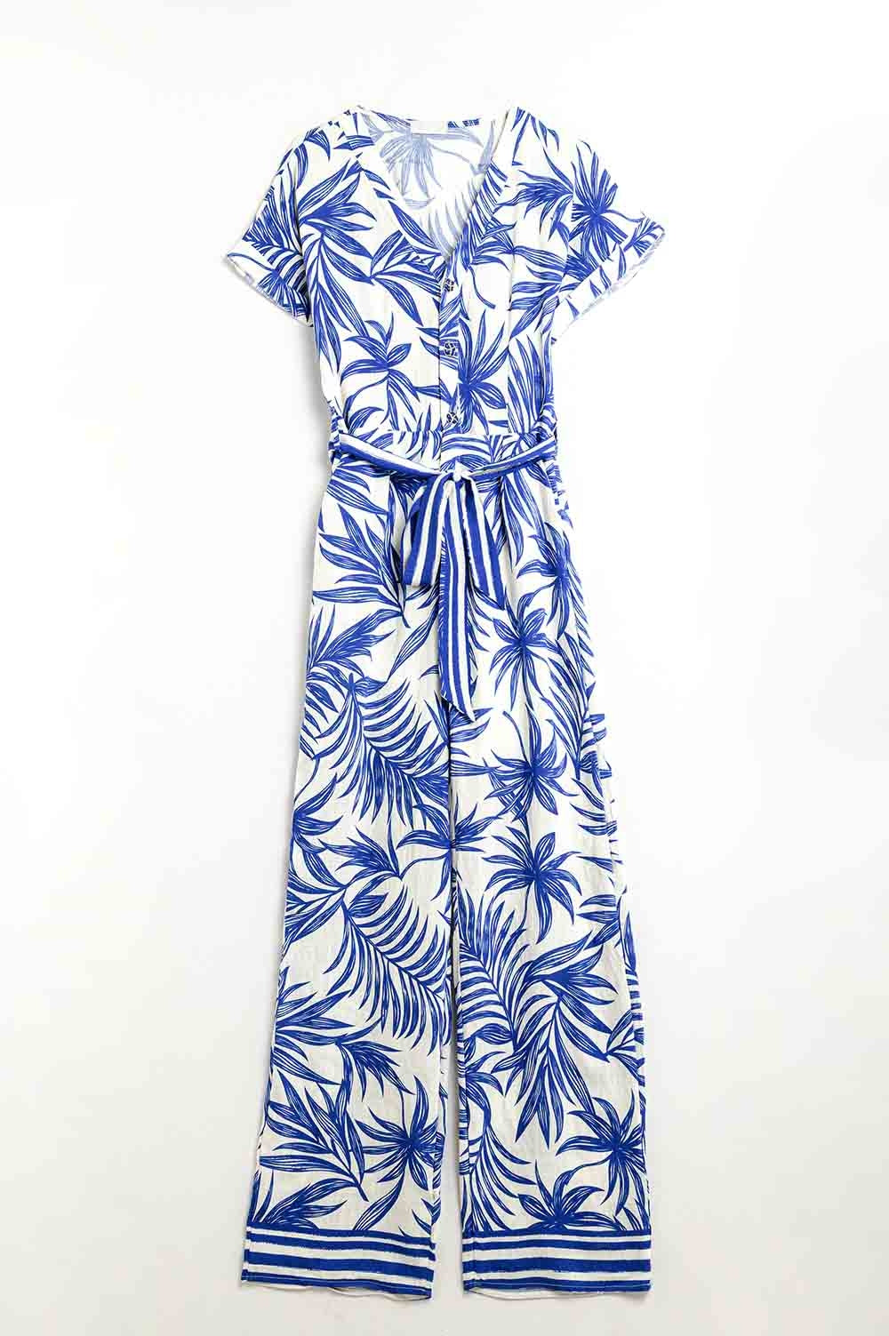 Tropical Motif Short Sleeve Jumpsuit in blue and white - jumpsuit