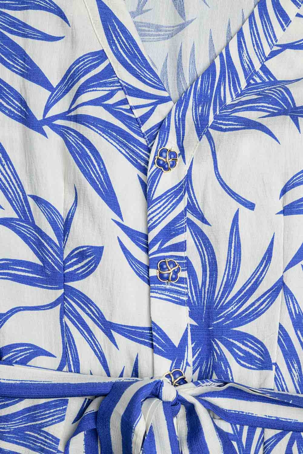 Tropical Motif Short Sleeve Jumpsuit in blue and white - jumpsuit