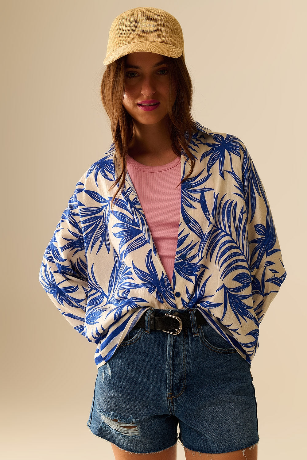 Tropical Motif Relaxed Blouse in Blue and White