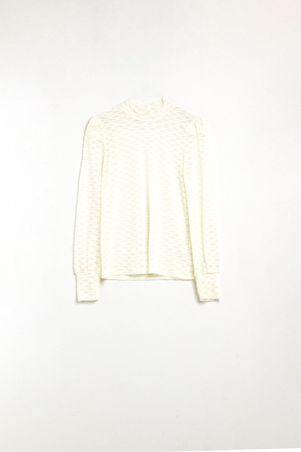 Beige Sheer Lace Turtleneck Top with Puff Shoulders