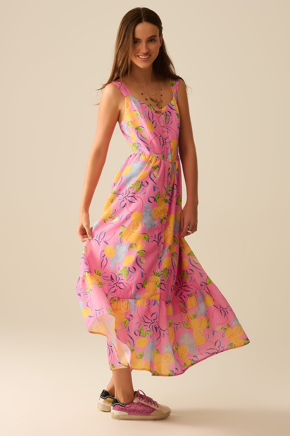 Pink Sleeveless maxi Dress with Lemon Print - dress