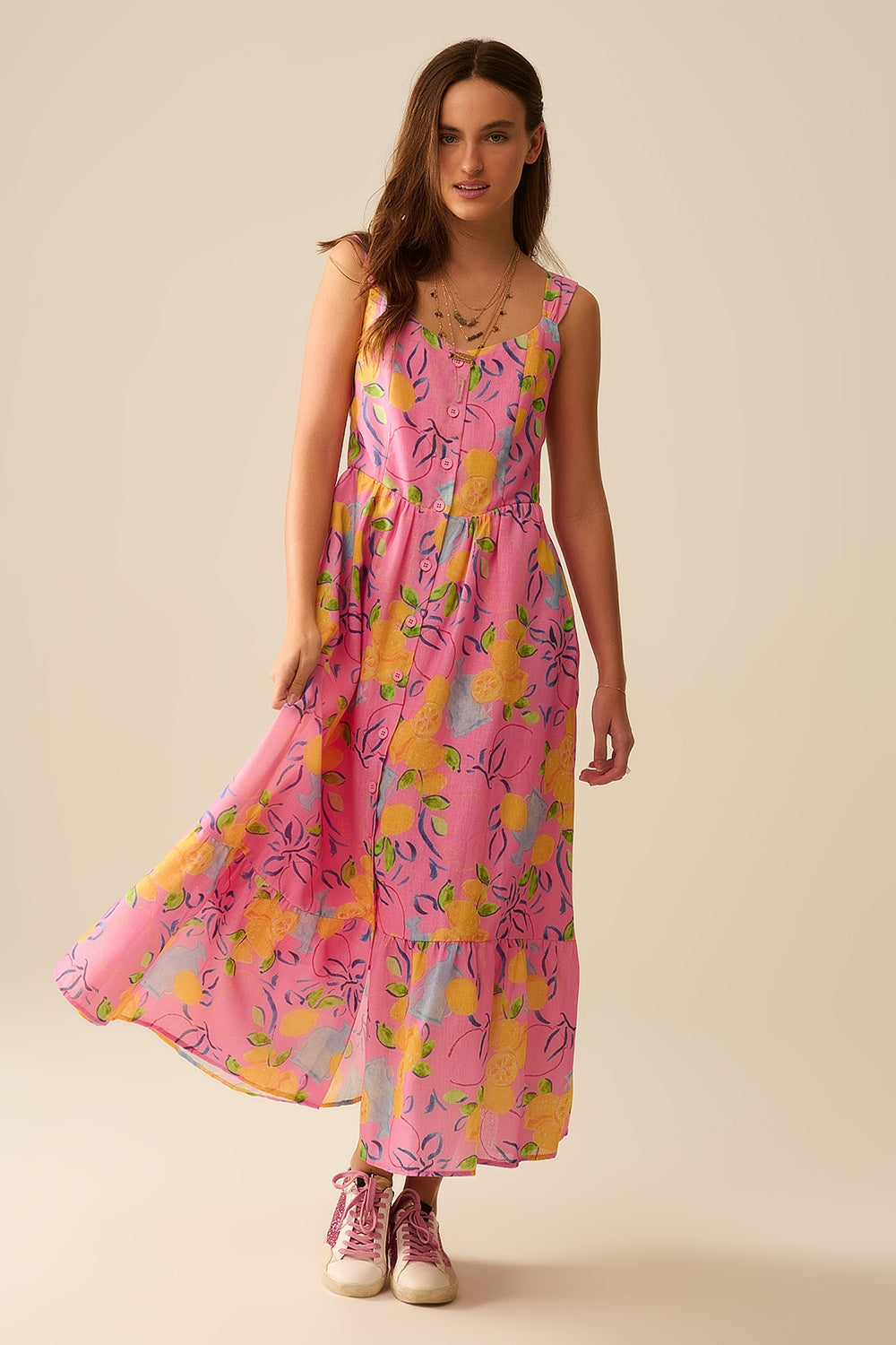 Pink Sleeveless maxi Dress with Lemon Print - dress