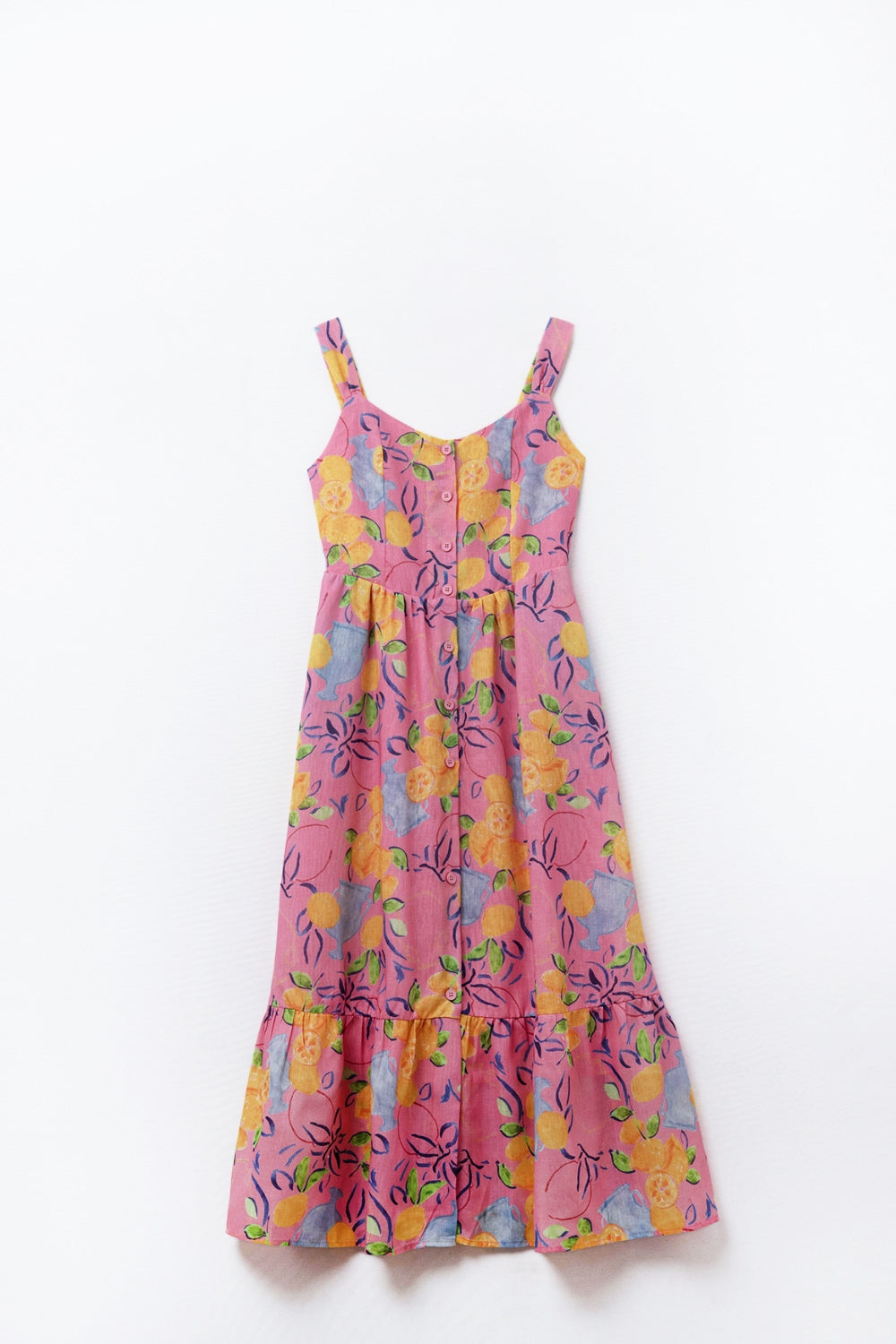 Pink Sleeveless maxi Dress with Lemon Print - dress