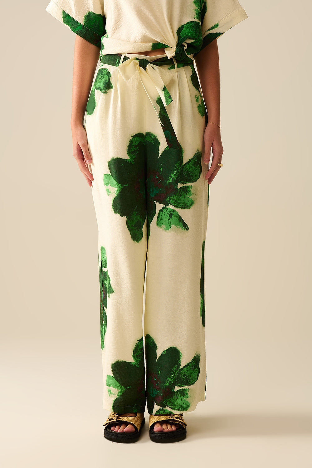 white Palazzo Pants With Green Tropial Flower Print and Matching Belt - trousers