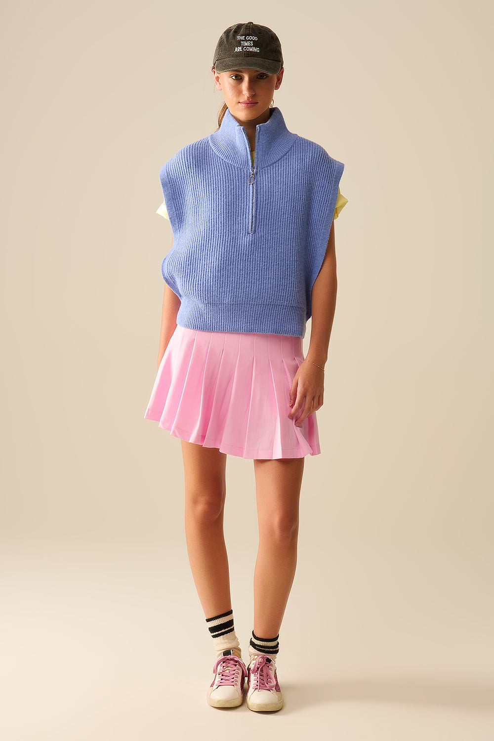 pink pleated mini skirt