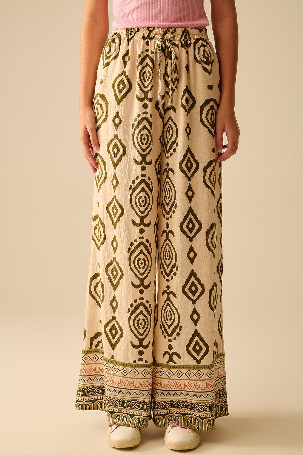 Khaki wide leg boho print pants - trousers