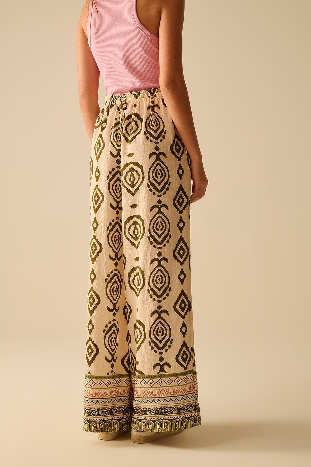 Khaki wide leg boho print pants - trousers