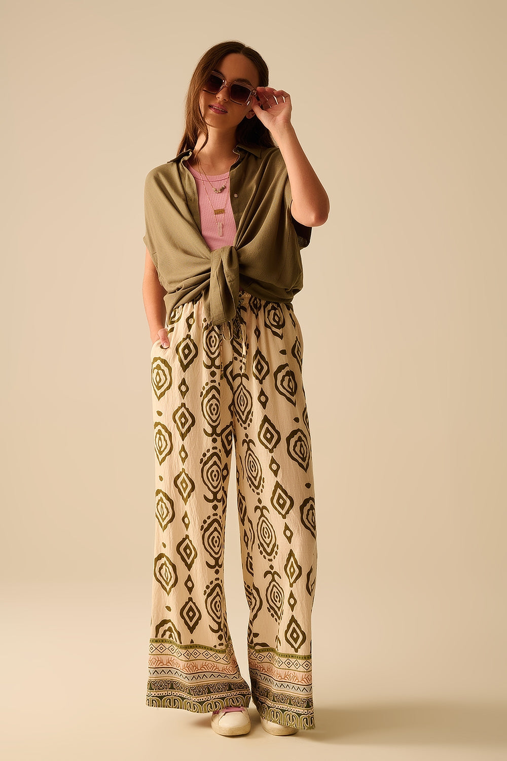 Khaki wide leg boho print pants - trousers