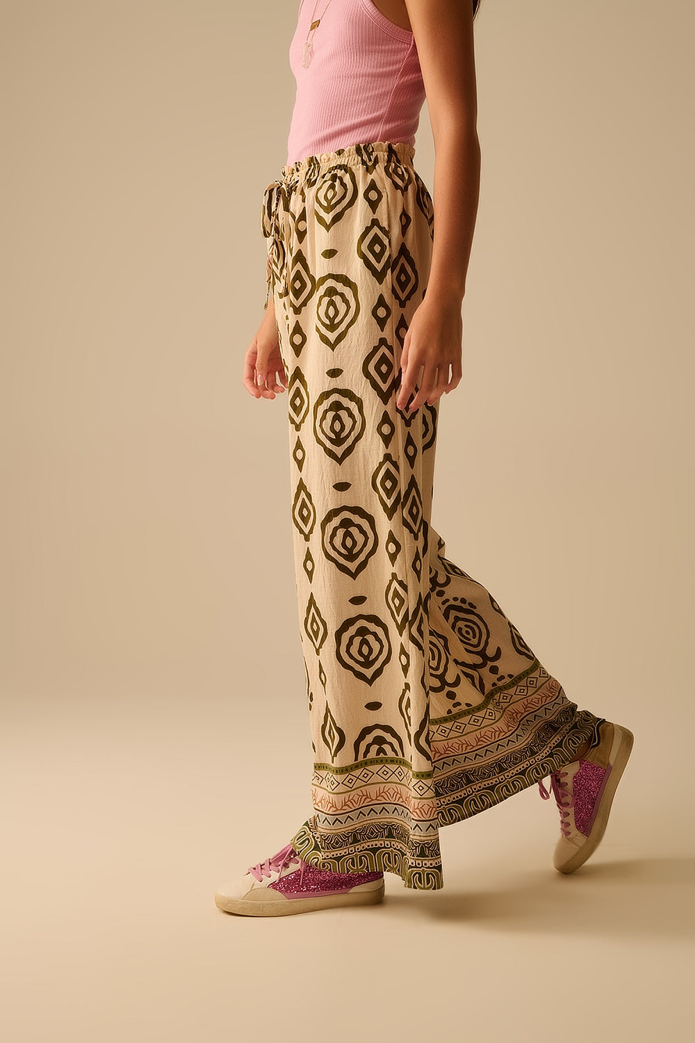 Khaki wide leg boho print pants - trousers