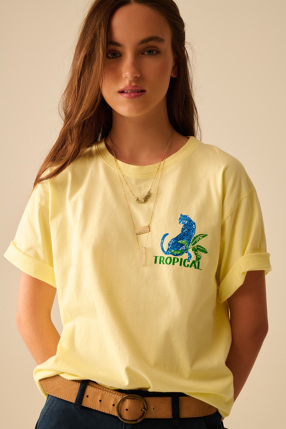 Yellow t-shirt made in Italy with tropical graphic print - top