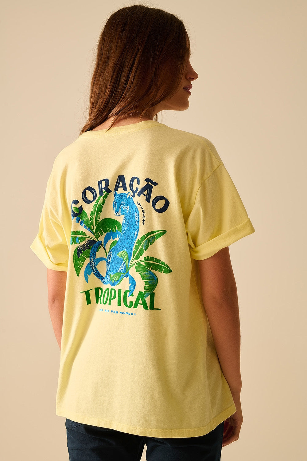 Yellow t-shirt made in Italy with tropical graphic print - top