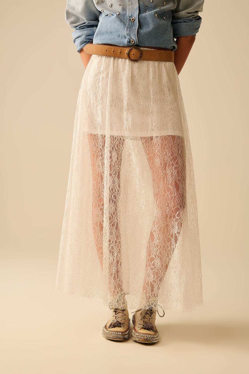 White maxi lace skirt with sequin detail