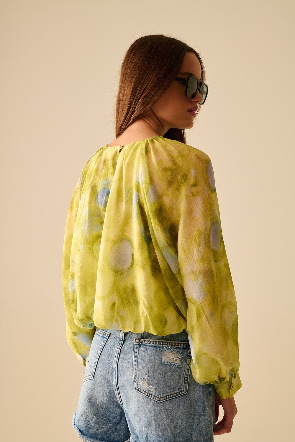 green printed chiffon blouse with balloon sleeves - Shirts