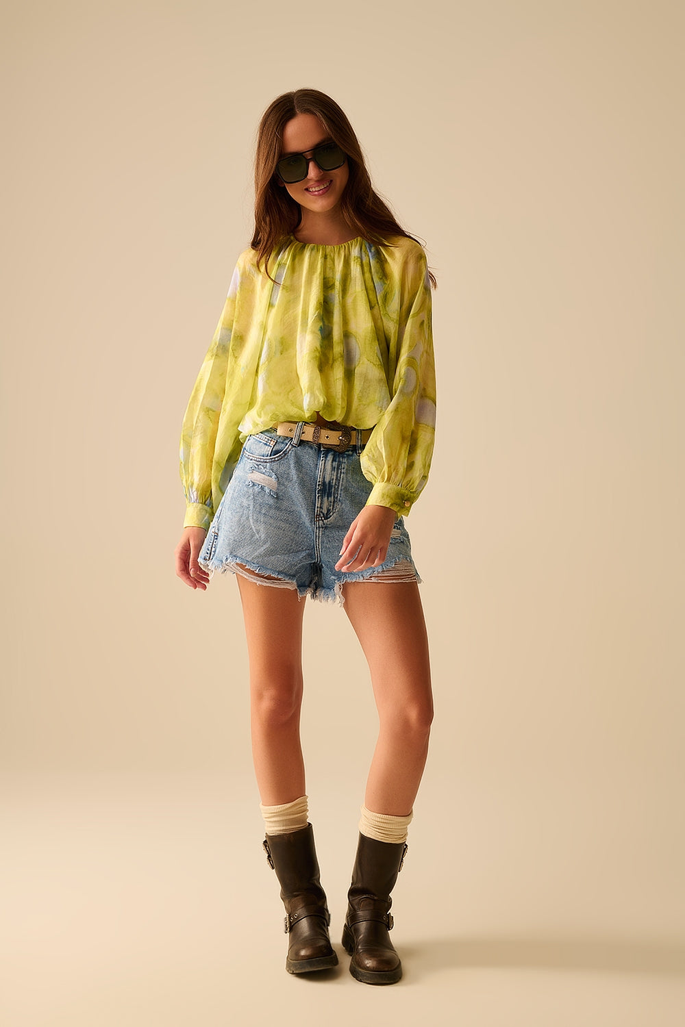 green printed chiffon blouse with balloon sleeves - Shirts