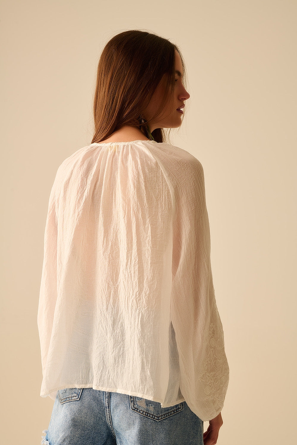 white chiffon blouse with embroidery on the sleeves - Shirts