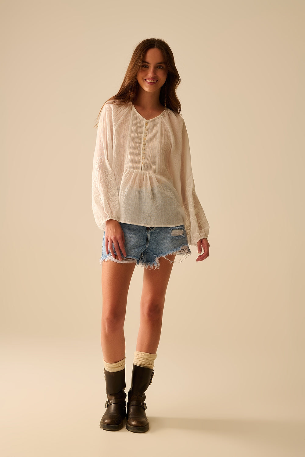 white chiffon blouse with embroidery on the sleeves - Shirts
