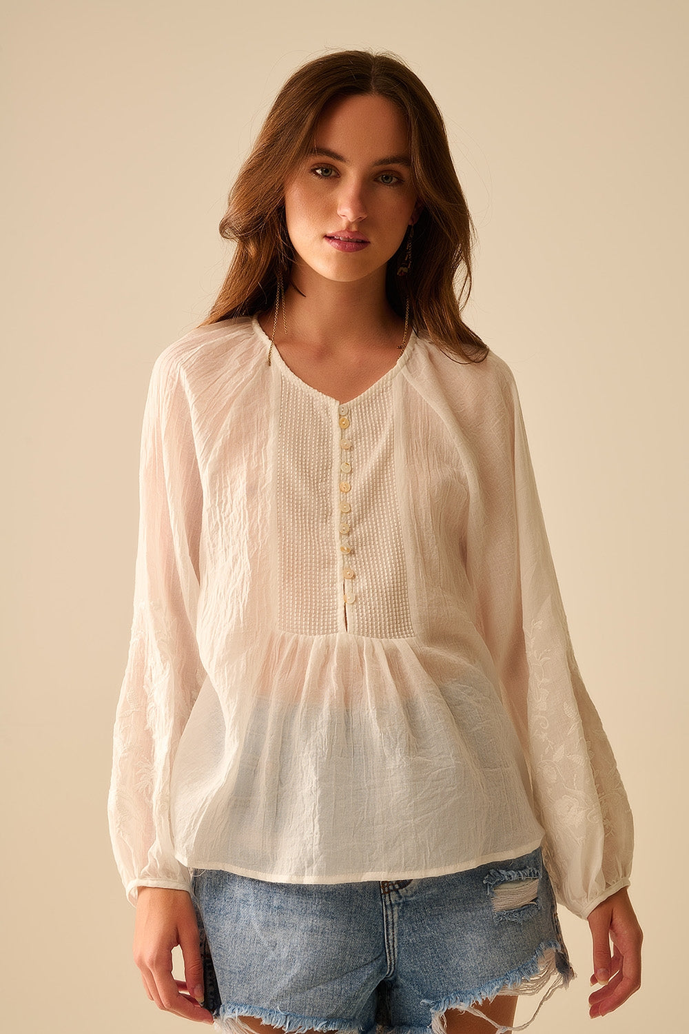 white chiffon blouse with embroidery on the sleeves - Shirts