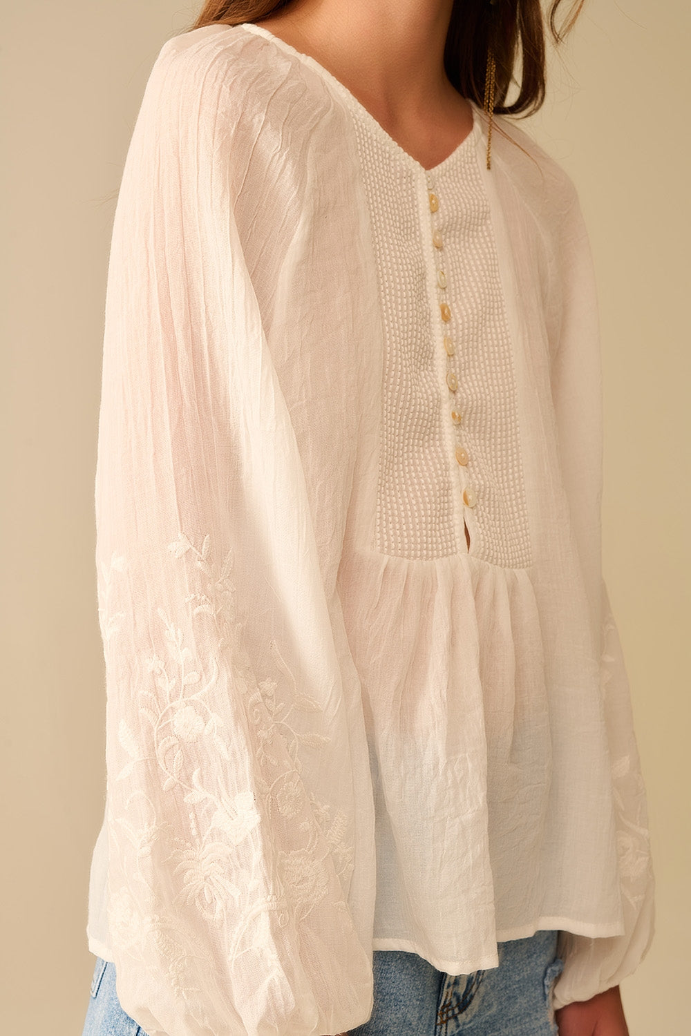 white chiffon blouse with embroidery on the sleeves - Shirts
