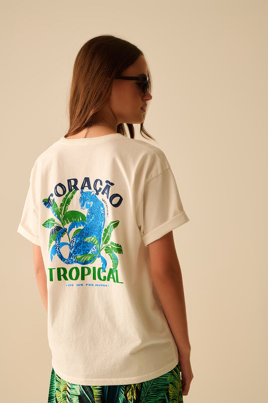 White t-shirt made in Italy with tropical graphic print - top
