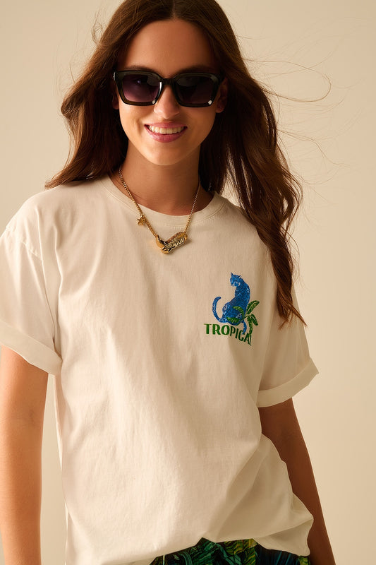 White t-shirt made in Italy with tropical graphic print - top