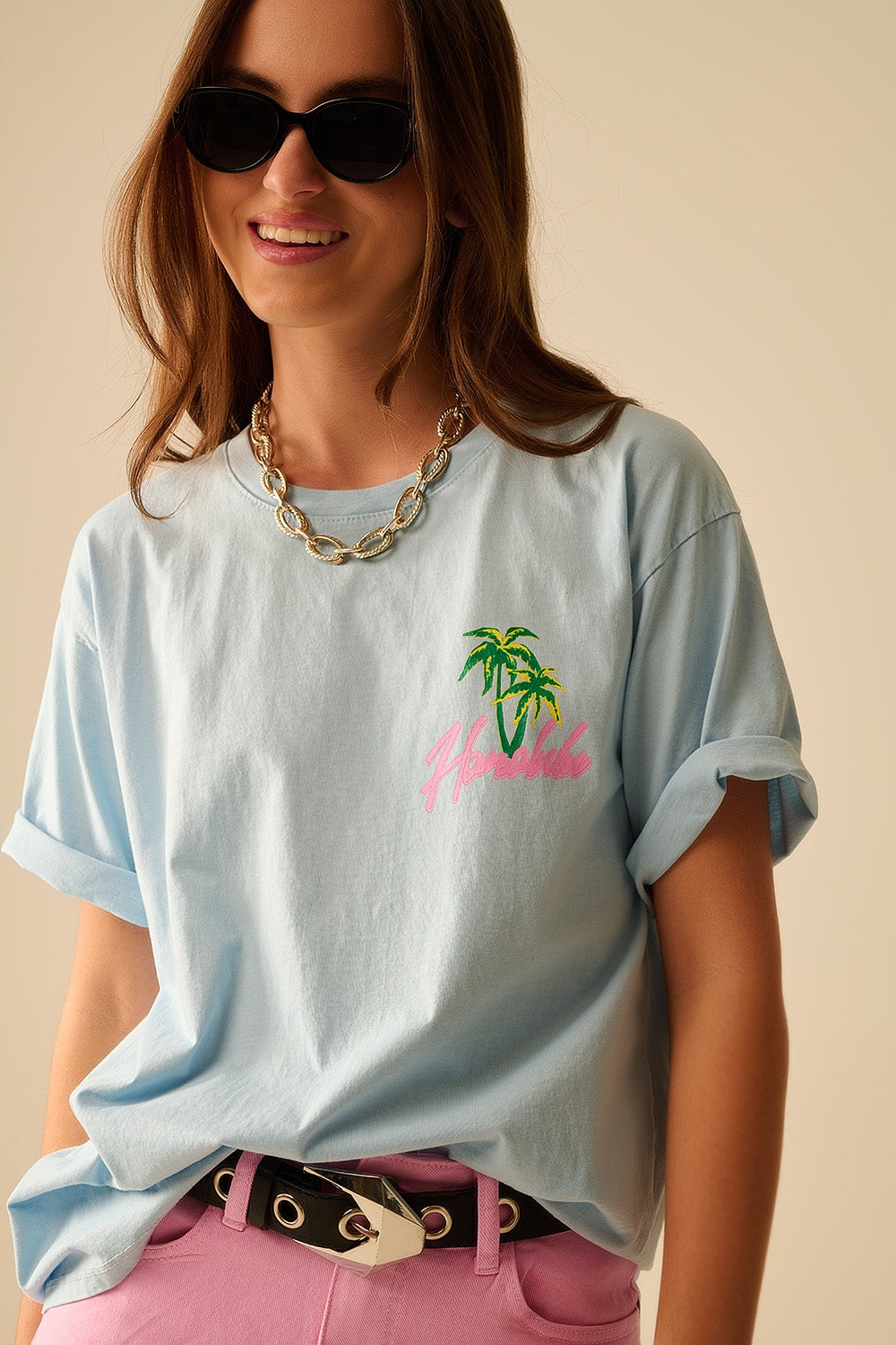 Blue t-shirt made in Italy with Honolulu graphic - top