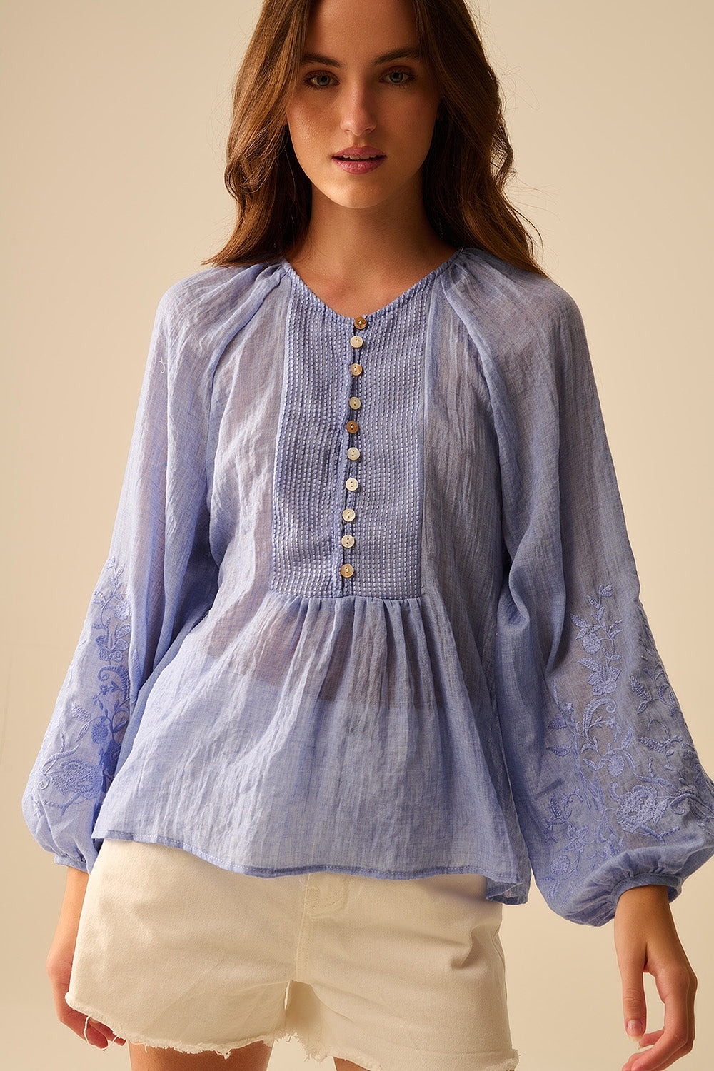 Blue chiffon blouse with embroidery on the sleeves - Shirts
