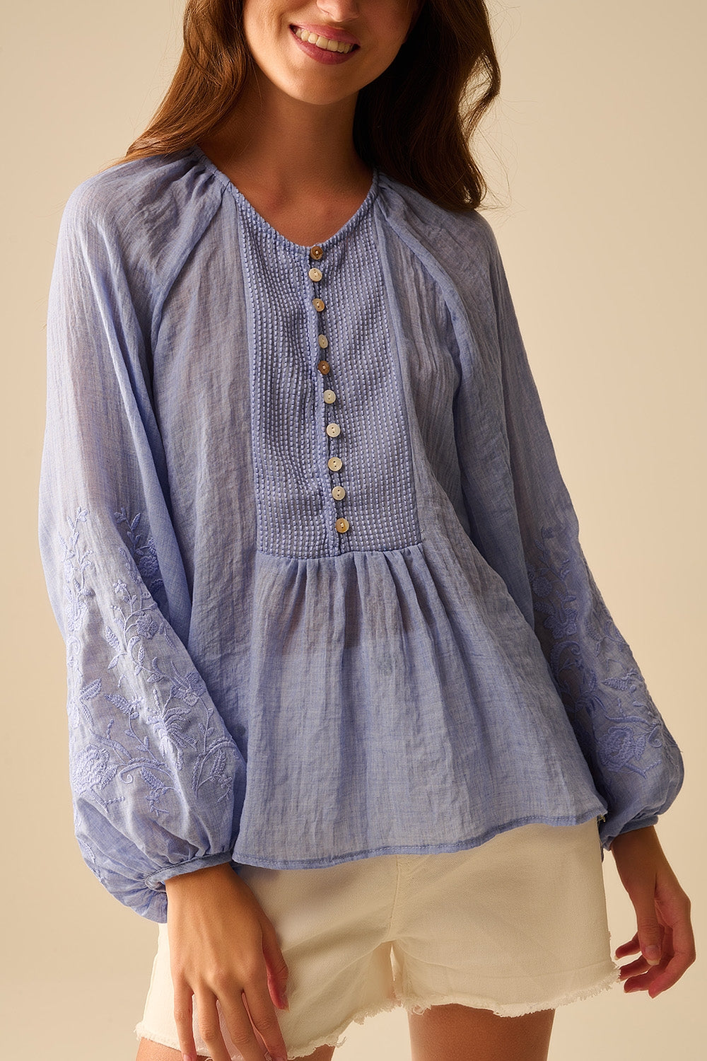 Blue chiffon blouse with embroidery on the sleeves - Shirts