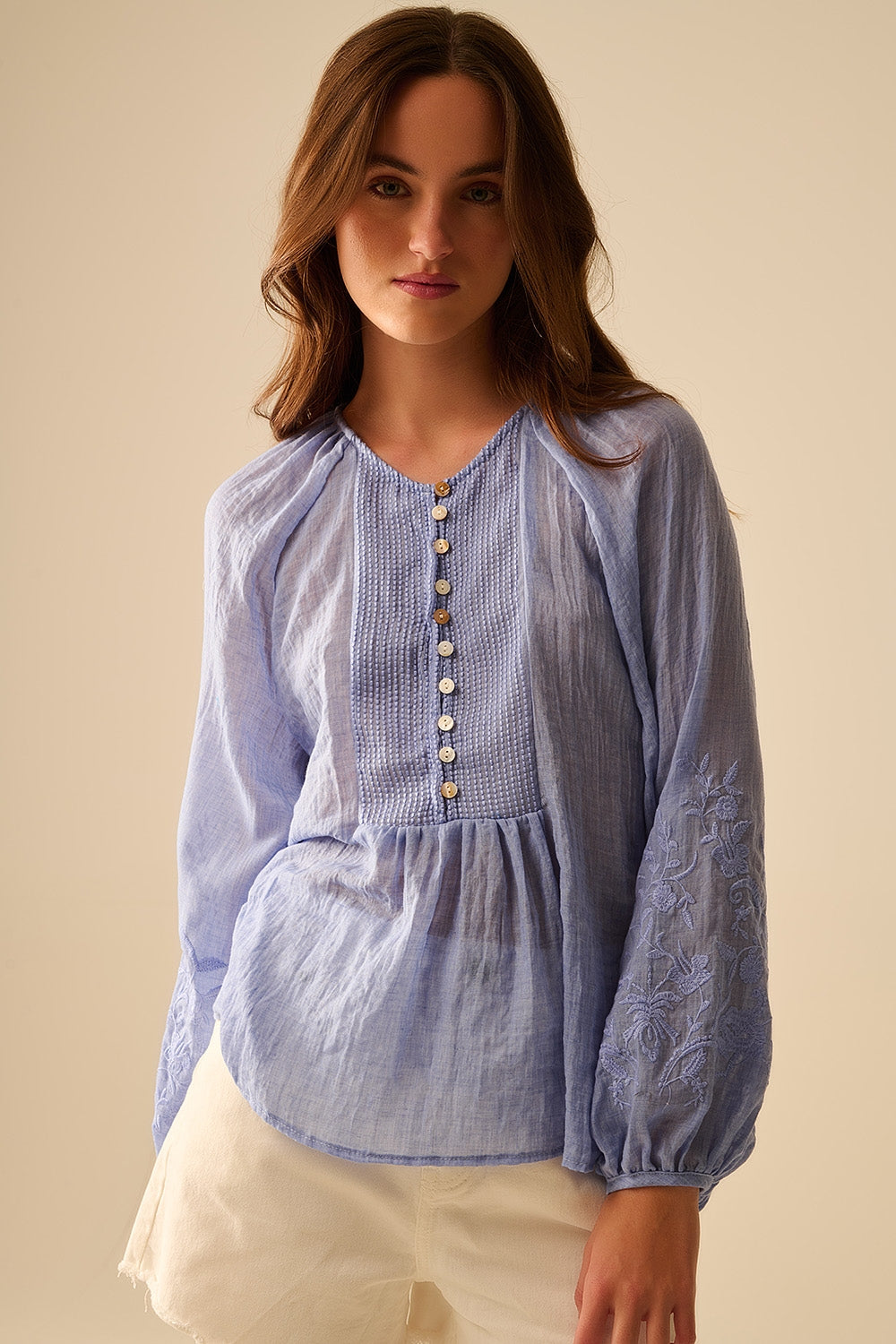 Blue chiffon blouse with embroidery on the sleeves - Shirts