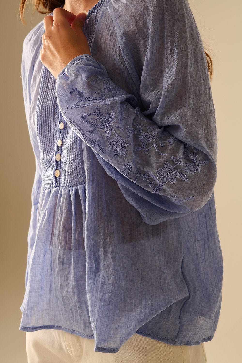 Blue chiffon blouse with embroidery on the sleeves - Shirts