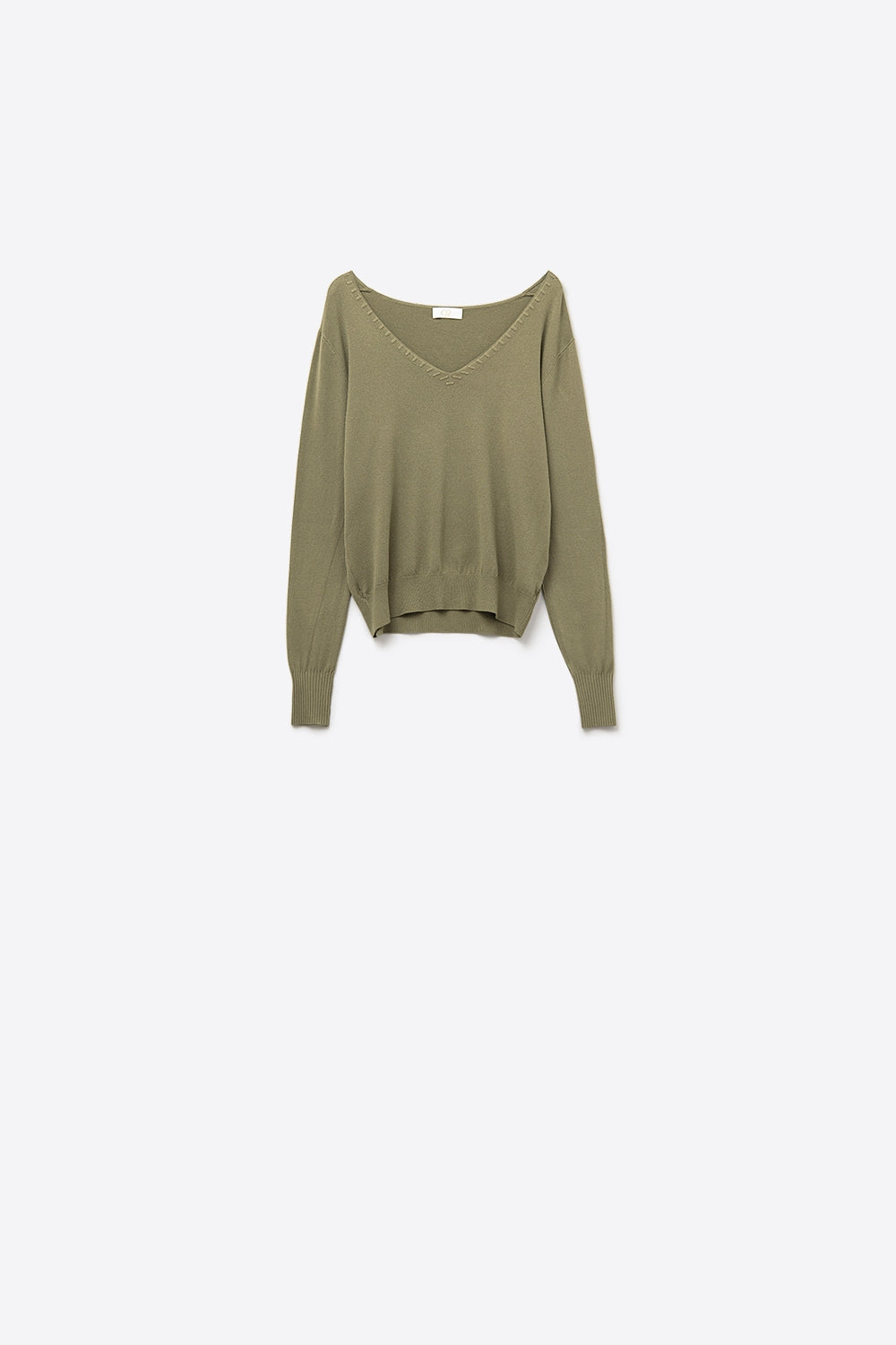 Fine Knit V-Neck Sweater with Decorative Neckline Detail in khaki color