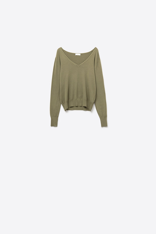 Fine Knit V-Neck Sweater with Decorative Neckline Detail in khaki color - Jumpers