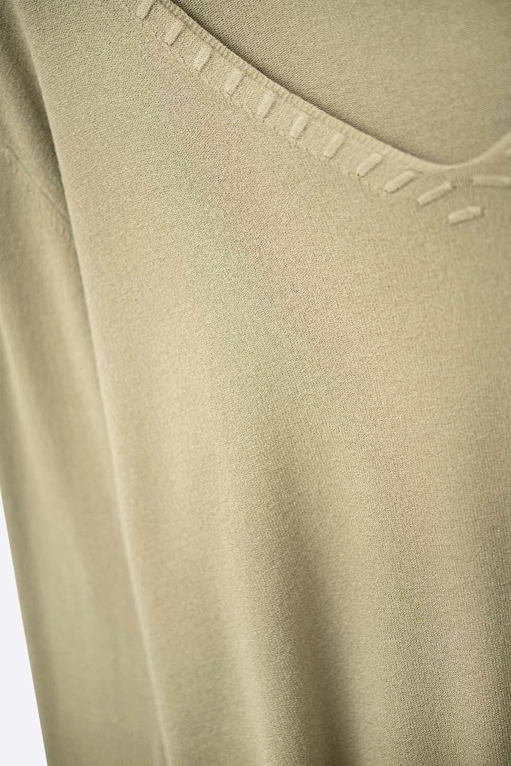 Fine Knit V-Neck Sweater with Decorative Neckline Detail in khaki color - Jumpers