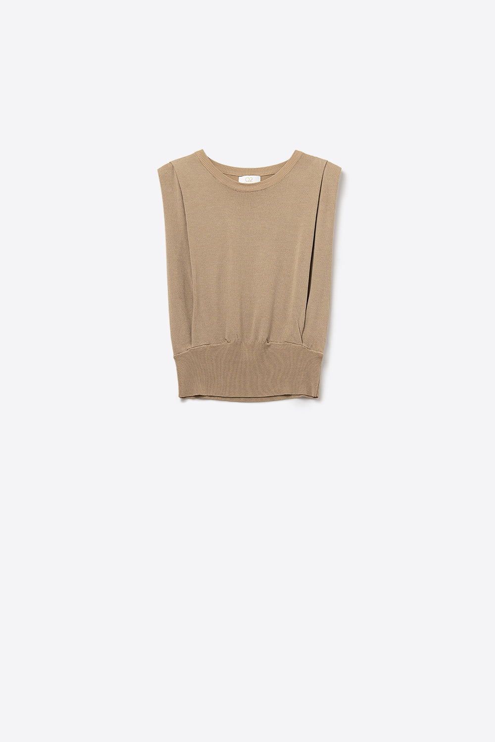 Sleeveless knit top with draped shoulders in camel