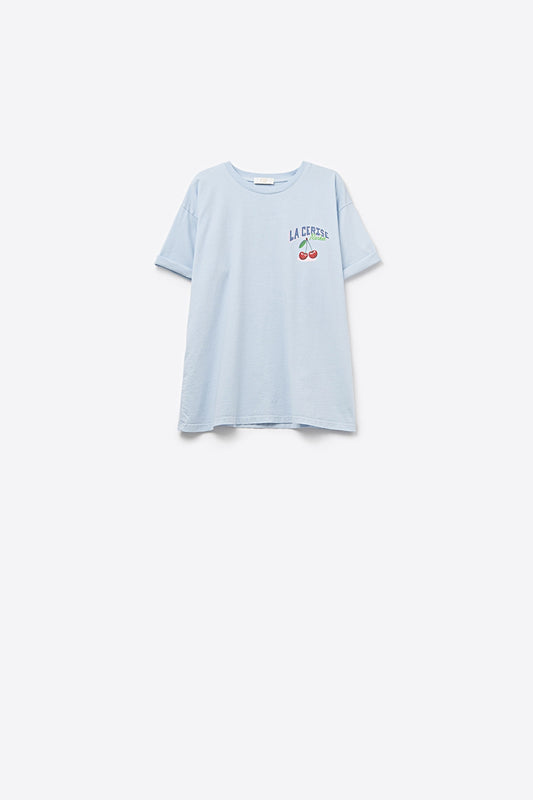 Blue T-shirt with La Cerise Market Saint-Tropez graphic - top