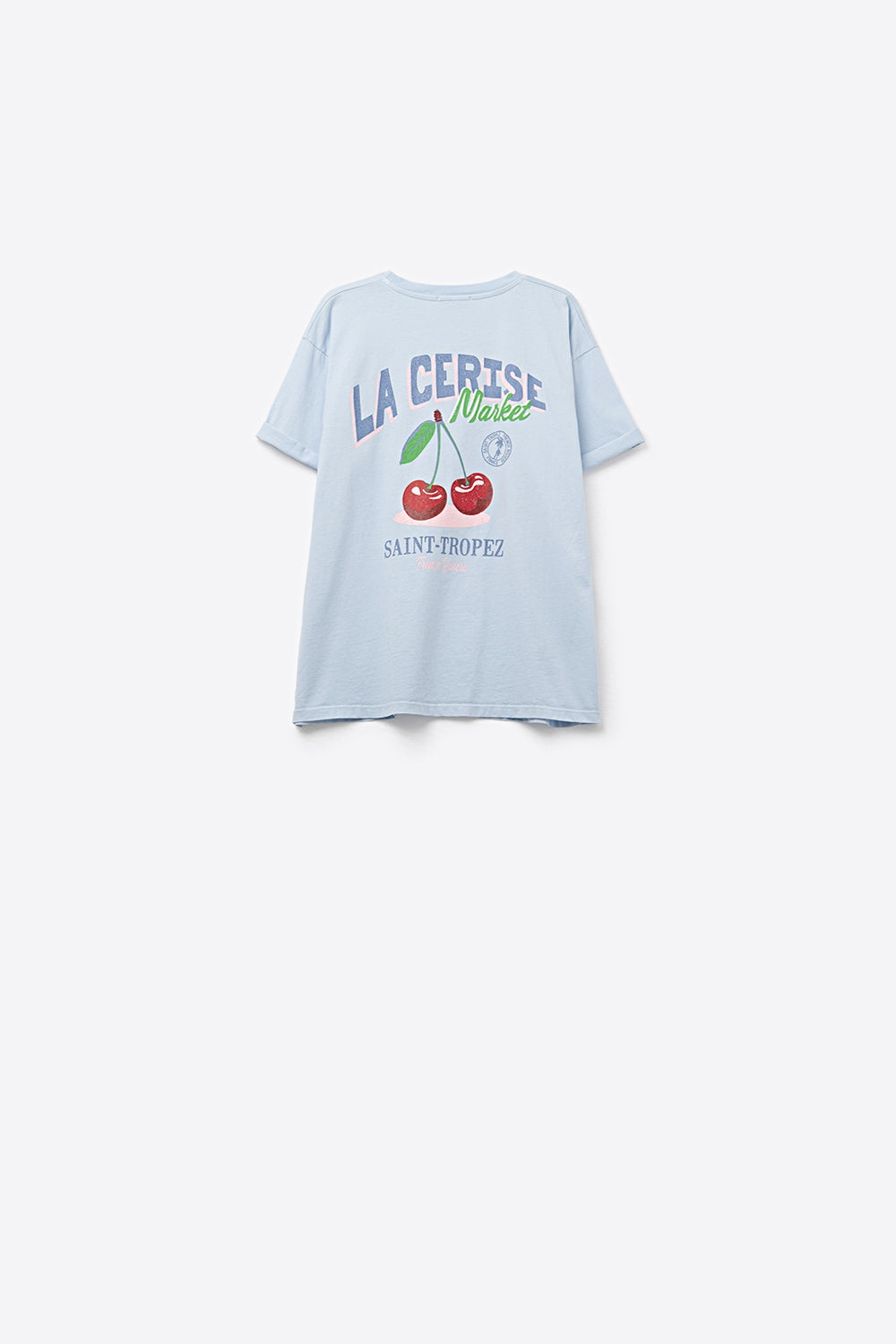 Blue T-shirt with La Cerise Market Saint-Tropez graphic - top