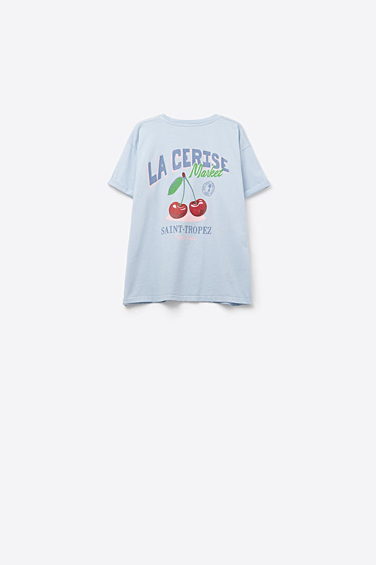 Blue T-shirt with La Cerise Market Saint-Tropez graphic - top