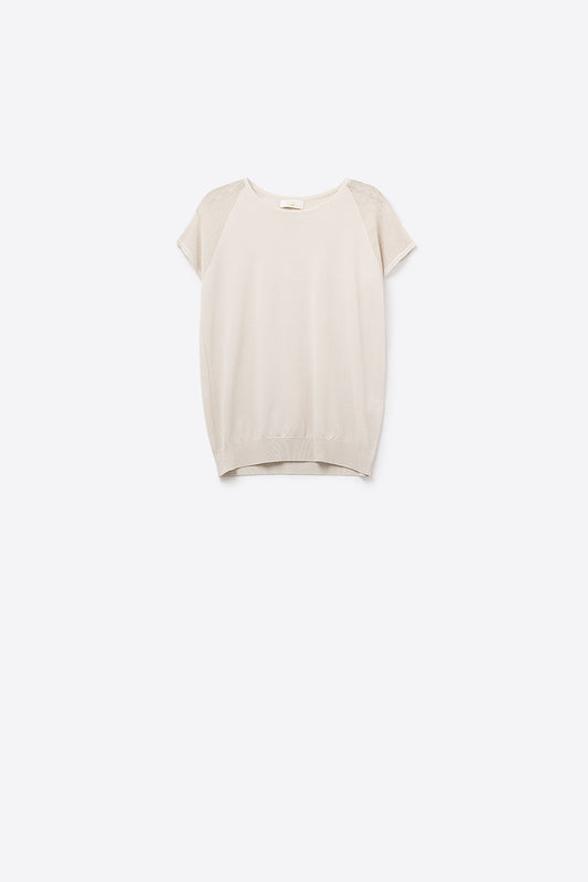 Beige Short Sleeve Sweater with knitted mesh on the shoulder - Jumpers