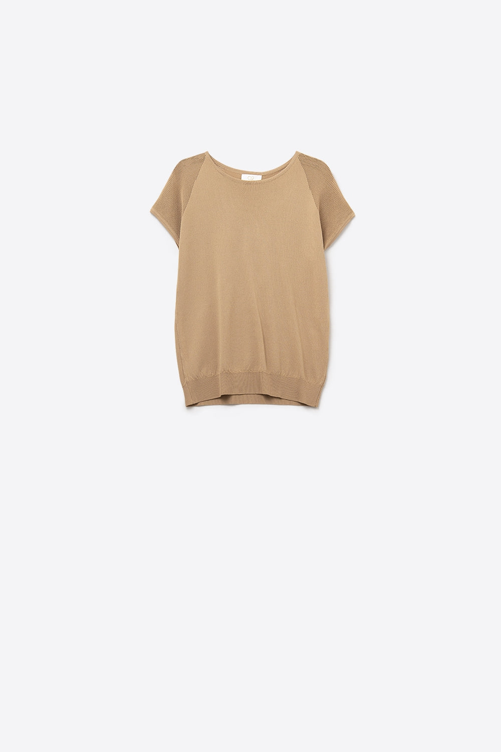 Camel Ribbed Short Sleeve Sweater with knitted mesh on the shoulder - jumper