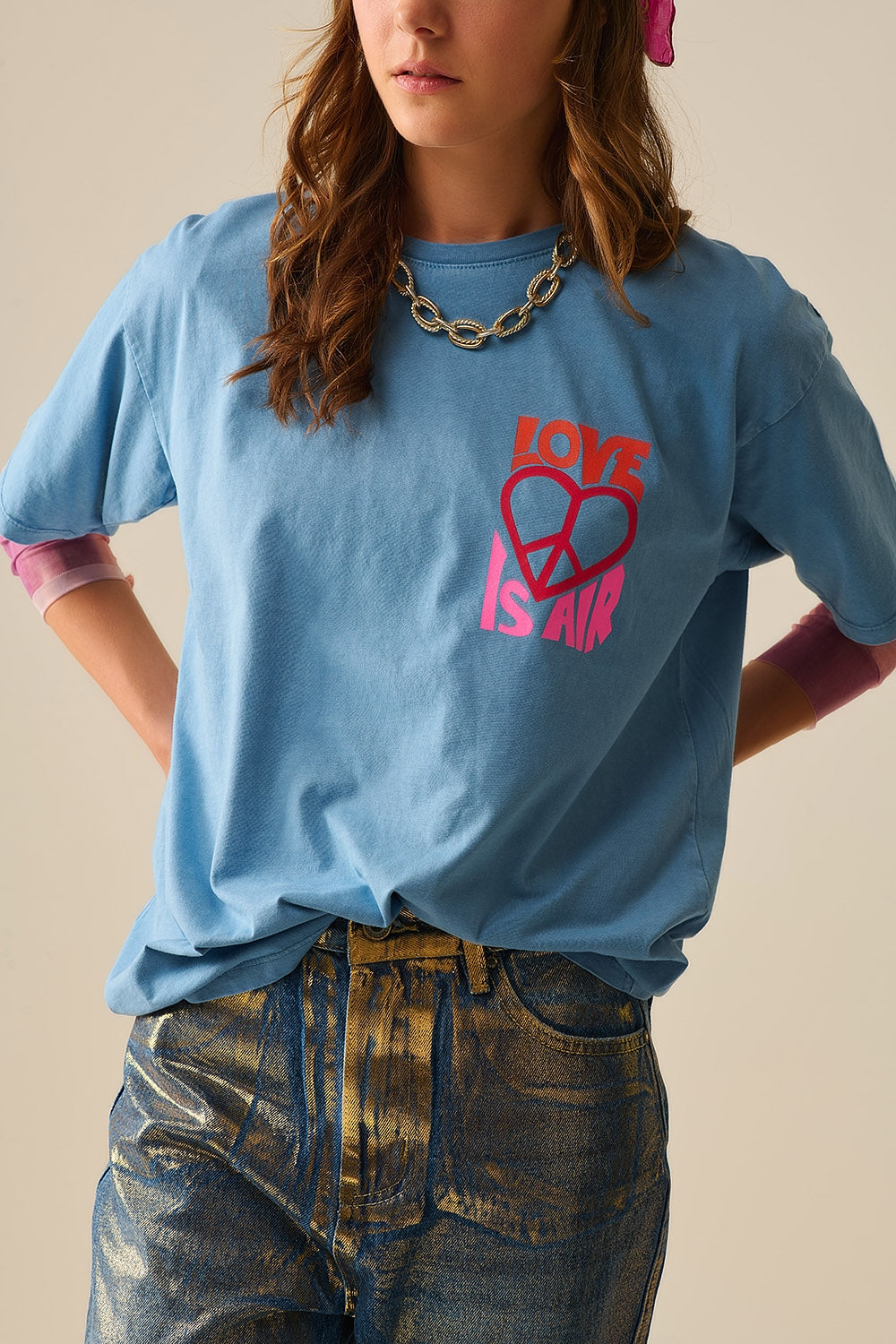 Blue T-Shirt made in italy with Love is Air and Heart with Peace logo - top