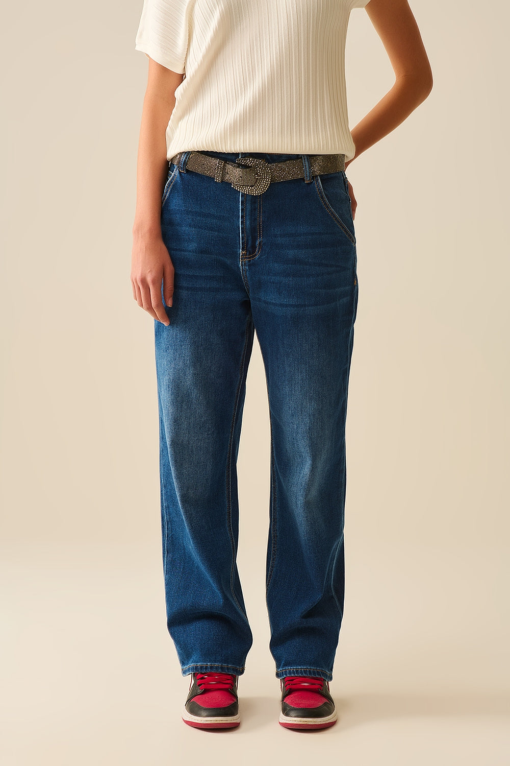 Straight Fit Jeans With Side Pockets in Mid Blue - Denim