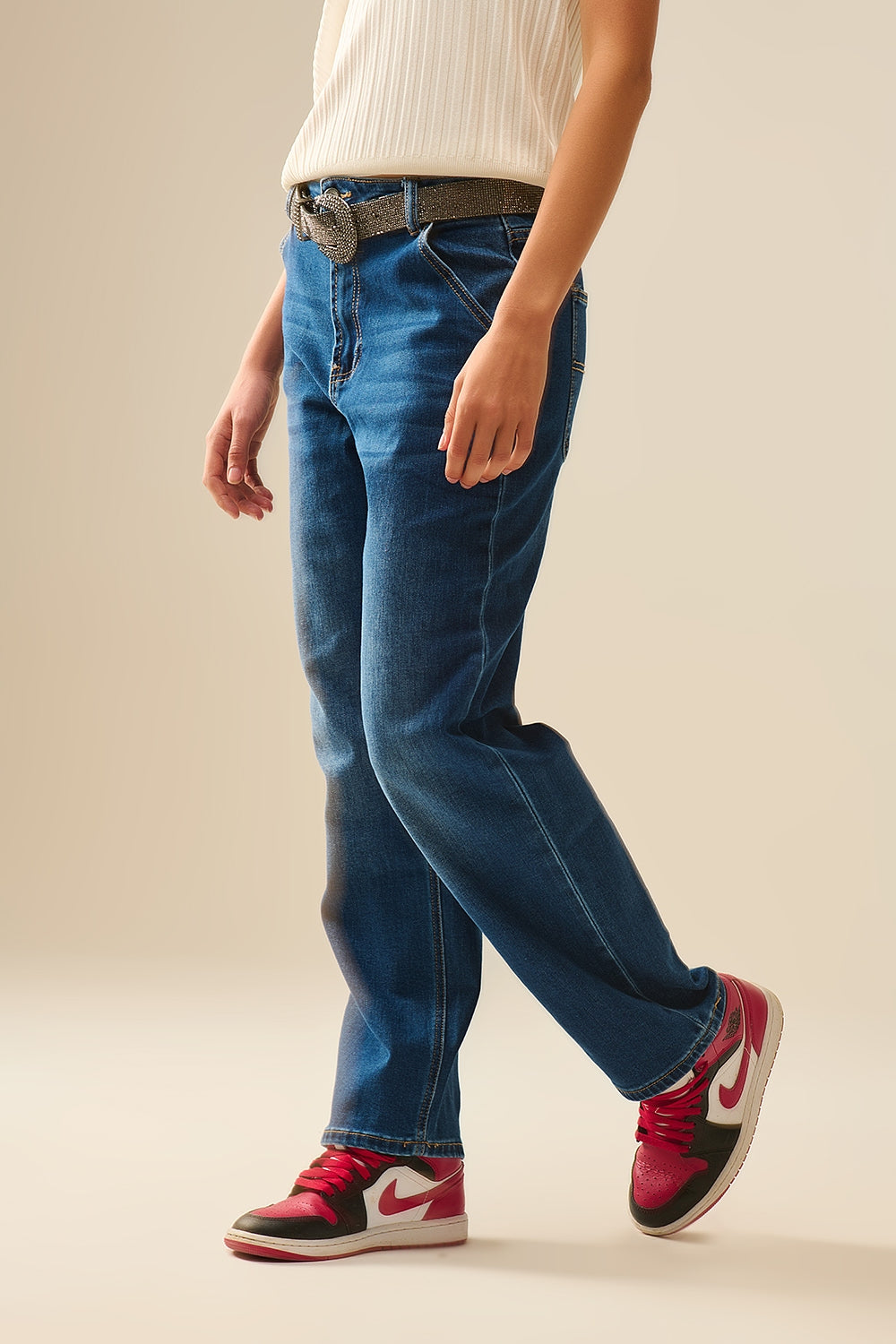 Straight Fit Jeans With Side Pockets in Mid Blue - Denim