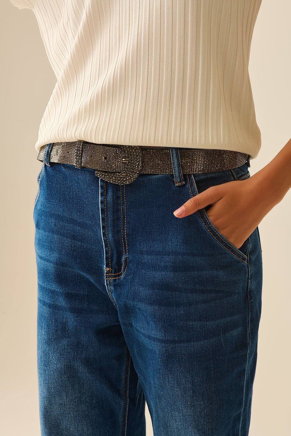 Straight Fit Jeans With Side Pockets in Mid Blue - Denim