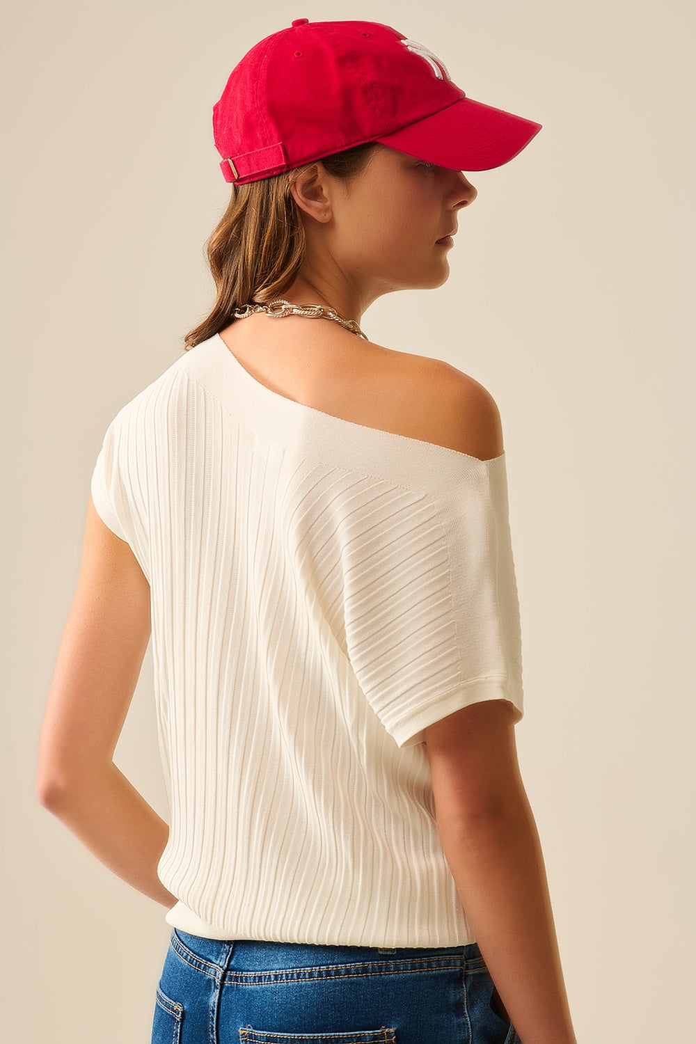 White fine Rib knitted Sweater with boat neck - Jumpers