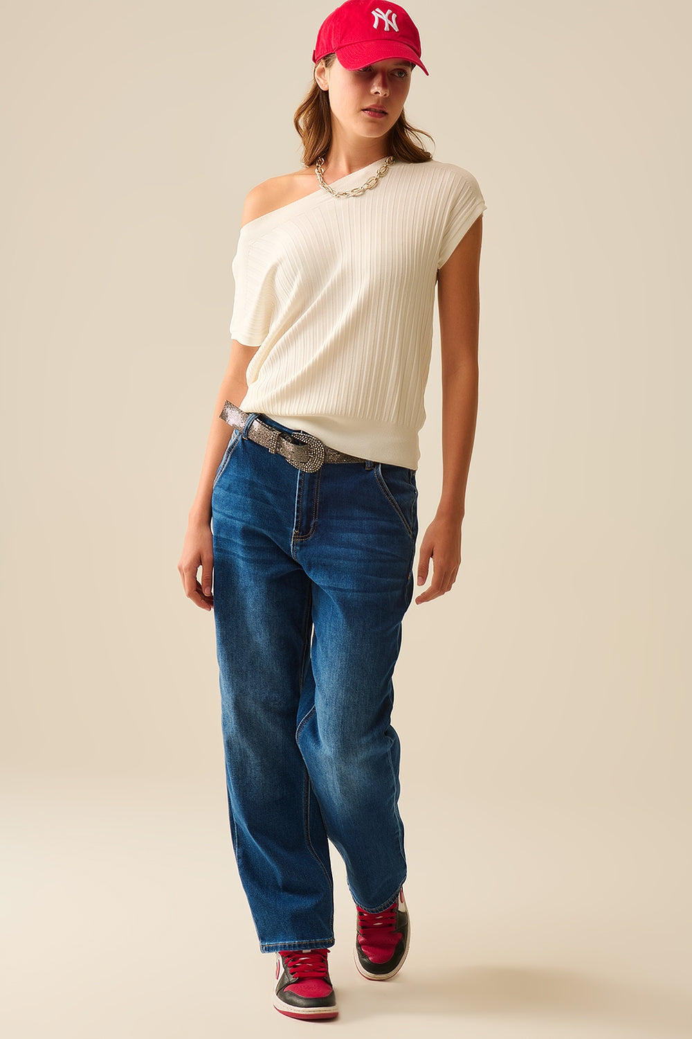 White fine Rib knitted Sweater with boat neck - Jumpers