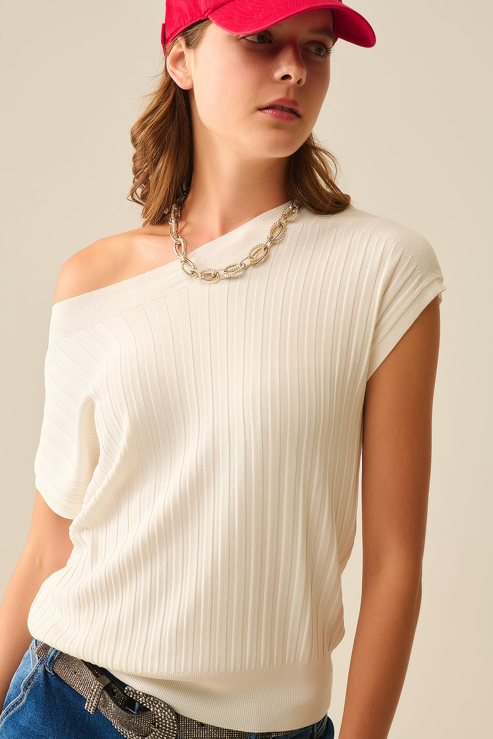 White fine Rib knitted Sweater with boat neck - Jumpers