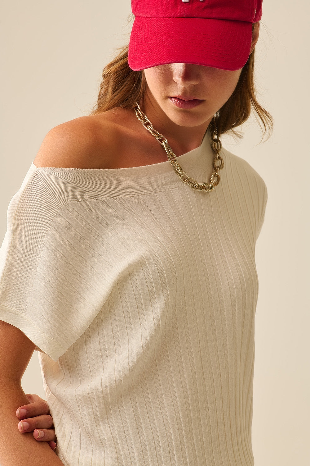 White fine Rib knitted Sweater with boat neck - Jumpers