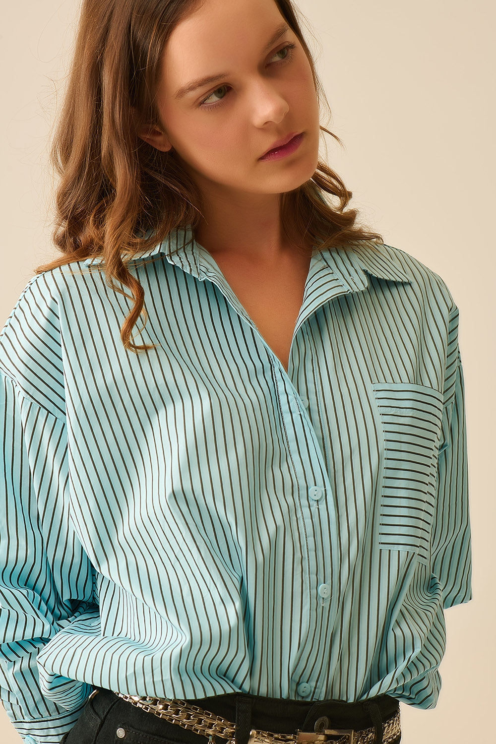 High-Low Oversized Striped Shirt With Chest Pocket in Black and Blue - Shirts