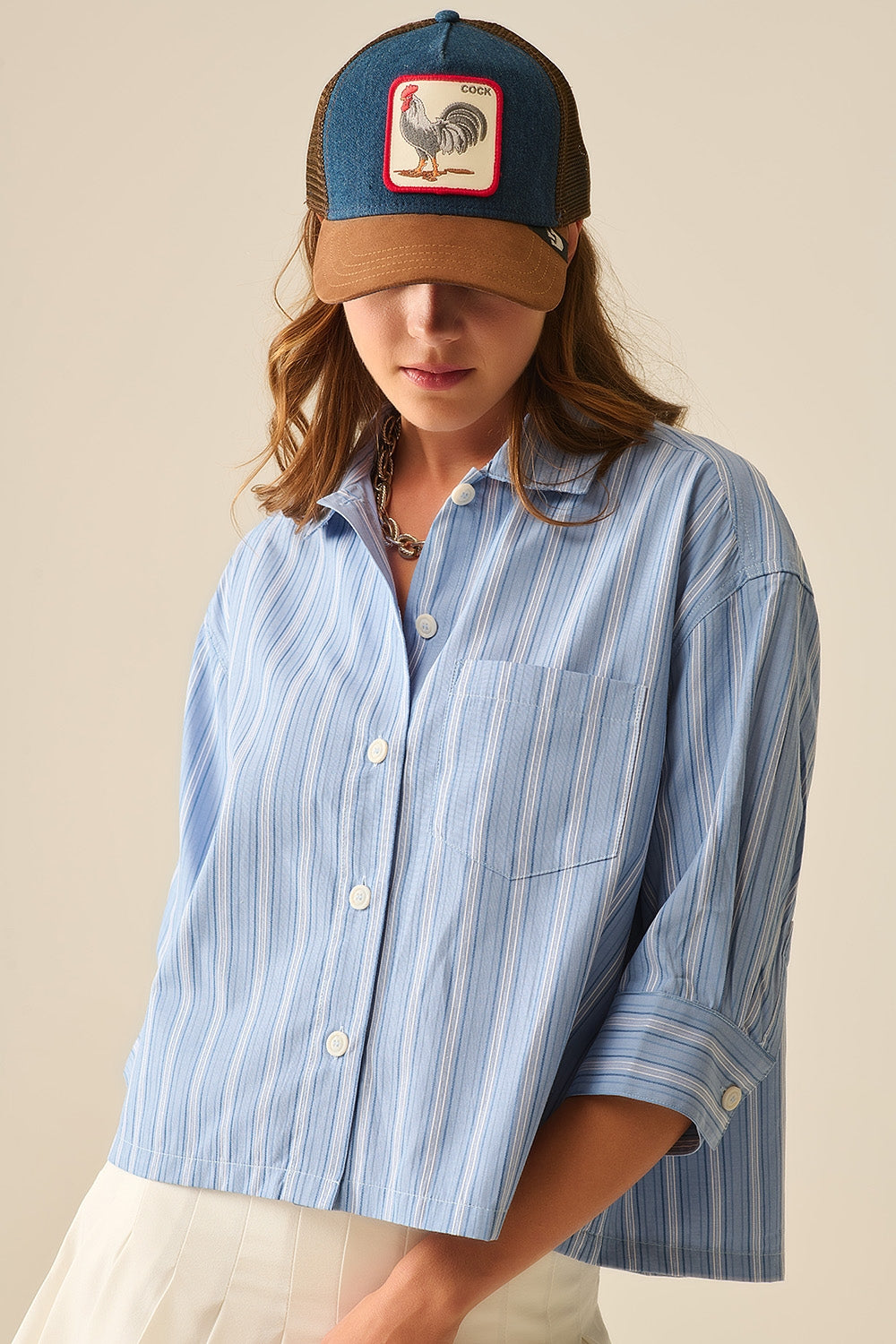 oversized Cropped Striped Shirt in Blue - Shirts