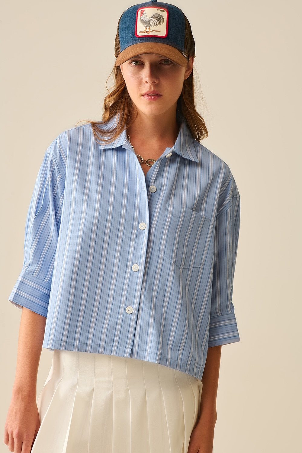 oversized Cropped Striped Shirt in Blue - Shirts