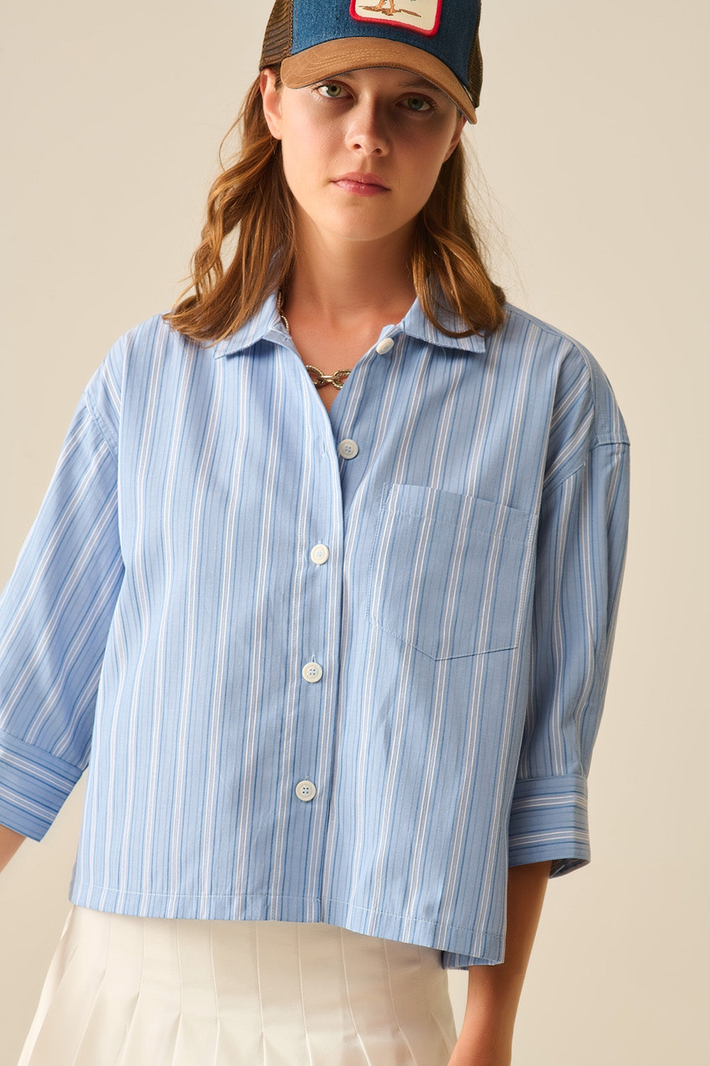 oversized Cropped Striped Shirt in Blue - Shirts
